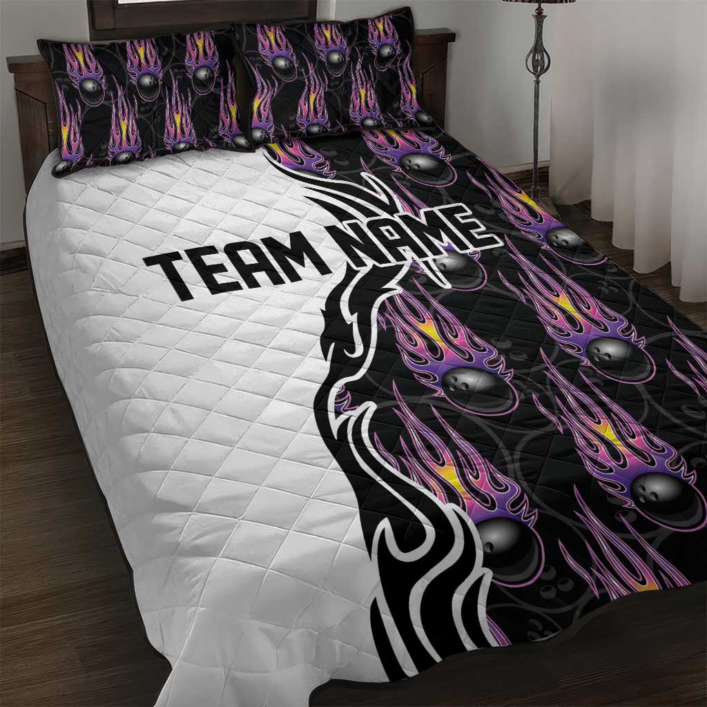Custom Bowling Team Graphic Quilt Bed Set with Flaming Ball Design in Black White and Purple Flame Pattern - Wonder Print Shop