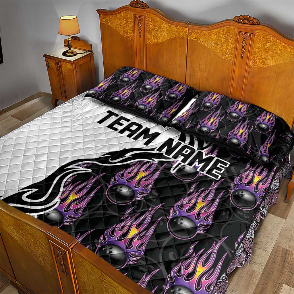 Custom Bowling Team Graphic Quilt Bed Set with Flaming Ball Design in Black White and Purple Flame Pattern - Wonder Print Shop
