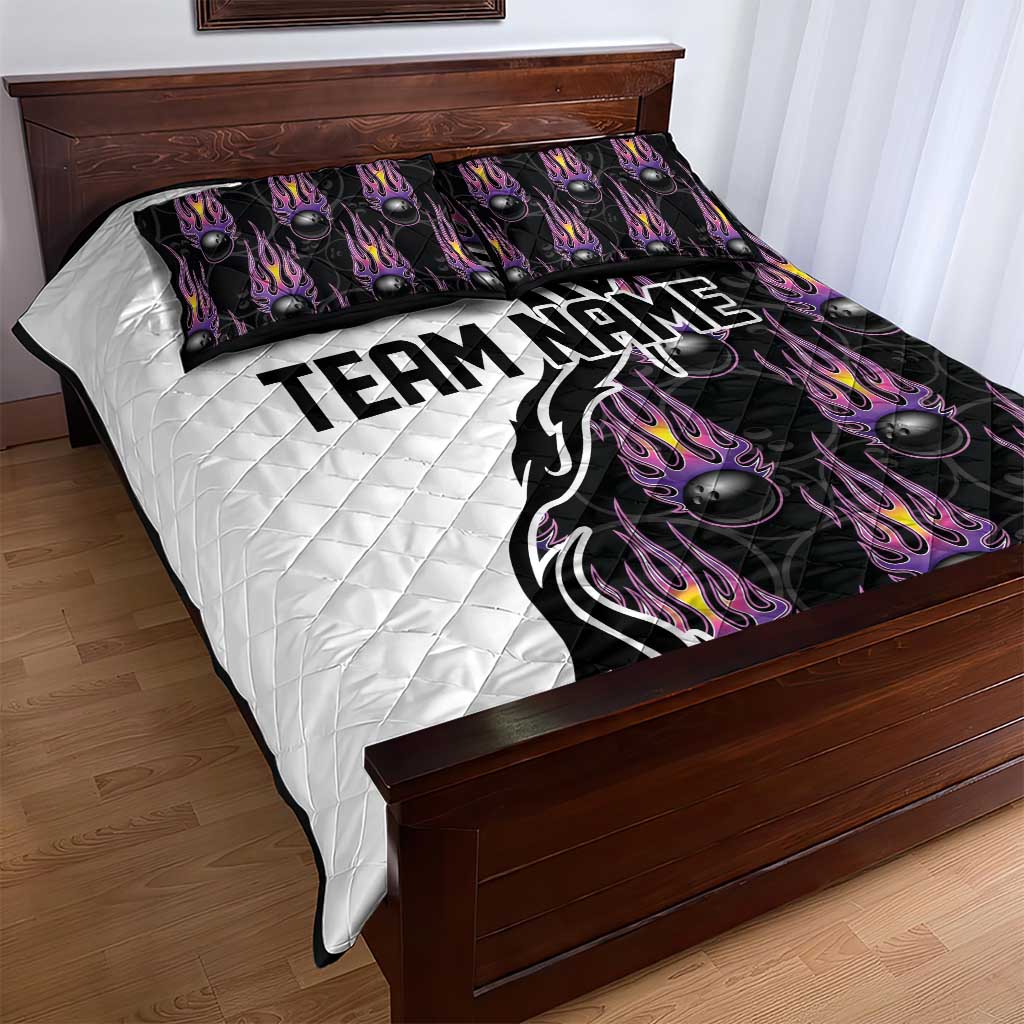 Custom Bowling Team Graphic Quilt Bed Set with Flaming Ball Design in Black White and Purple Flame Pattern - Wonder Print Shop
