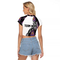 Custom Bowling Team Graphic Raglan Cropped T Shirt with Flaming Ball Design in Black White and Purple Flame Pattern - Wonder Print Shop