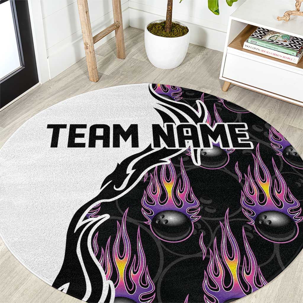 Custom Bowling Team Graphic Round Carpet with Flaming Ball Design in Black White and Purple Flame Pattern - Wonder Print Shop