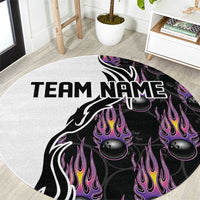 Custom Bowling Team Graphic Round Carpet with Flaming Ball Design in Black White and Purple Flame Pattern - Wonder Print Shop