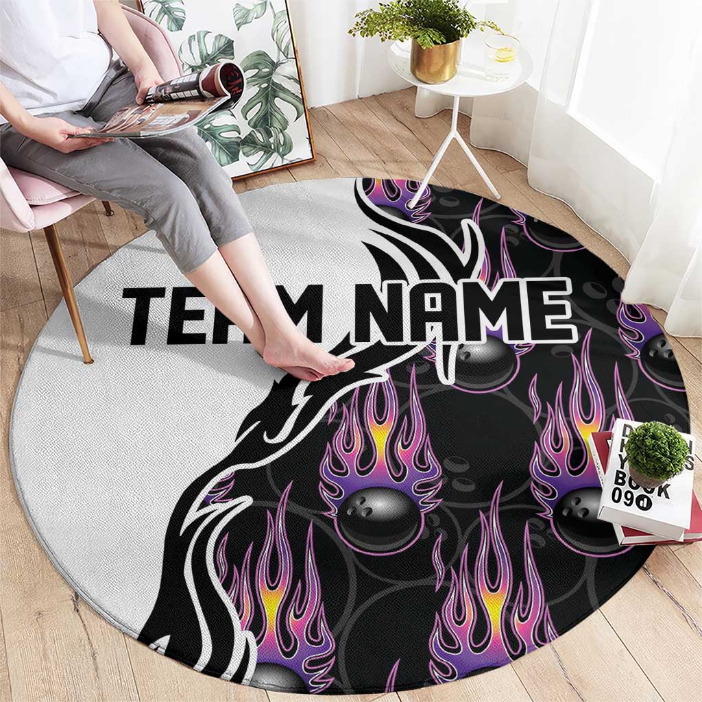Custom Bowling Team Graphic Round Carpet with Flaming Ball Design in Black White and Purple Flame Pattern - Wonder Print Shop