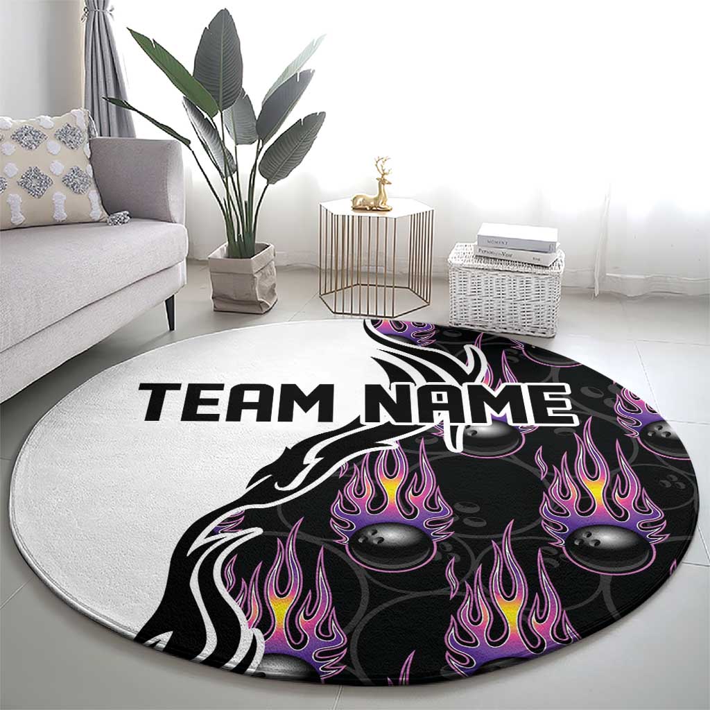 Custom Bowling Team Graphic Round Carpet with Flaming Ball Design in Black White and Purple Flame Pattern - Wonder Print Shop