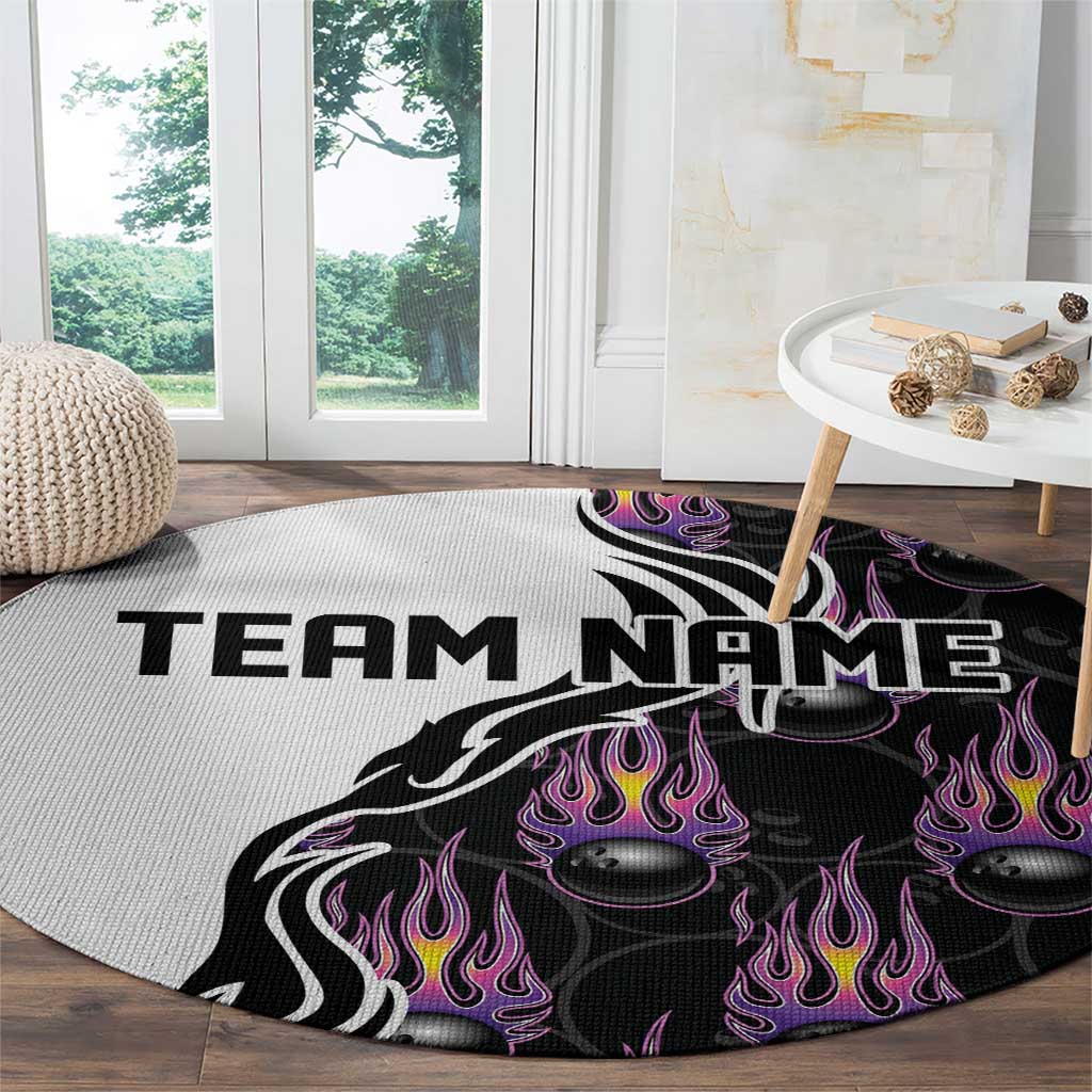 Custom Bowling Team Graphic Round Carpet with Flaming Ball Design in Black White and Purple Flame Pattern - Wonder Print Shop