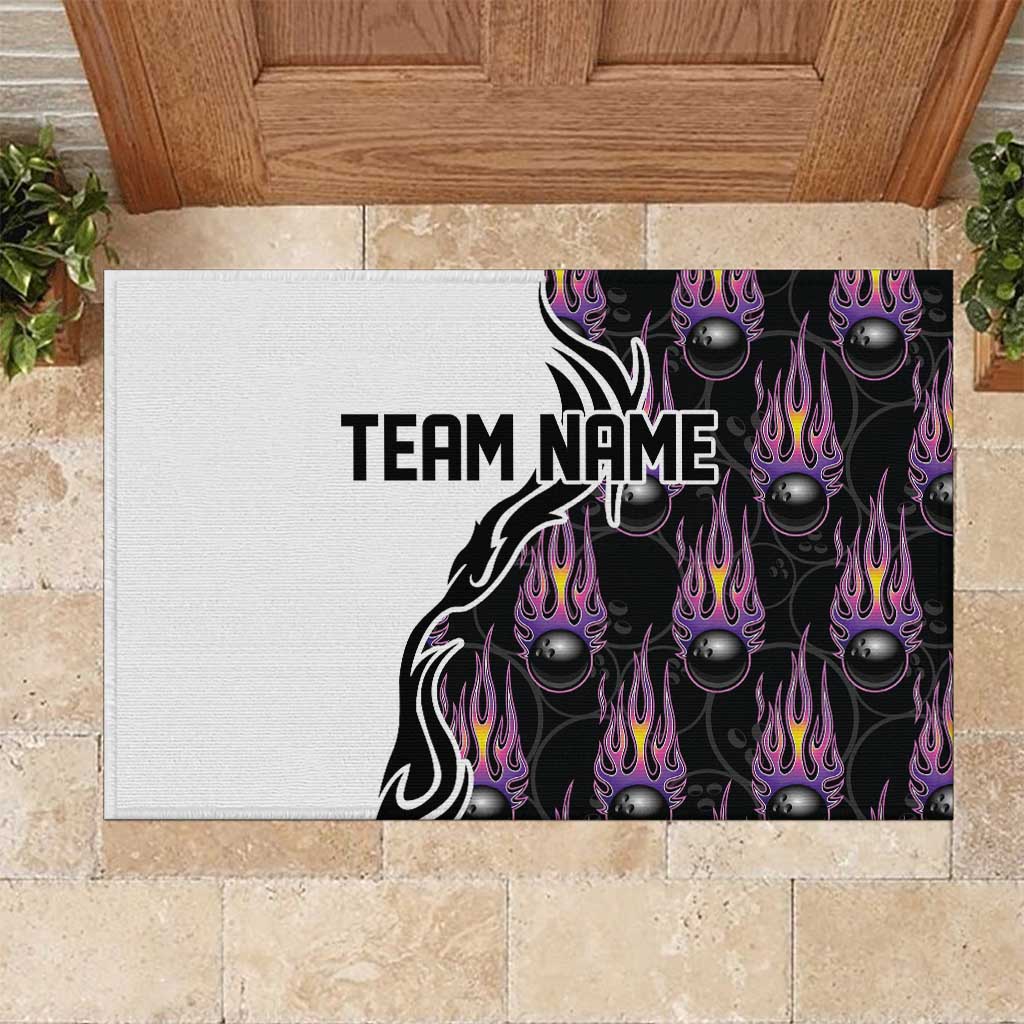 Custom Bowling Team Graphic Rubber Doormat with Flaming Ball Design in Black White and Purple Flame Pattern - Wonder Print Shop