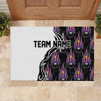 Custom Bowling Team Graphic Rubber Doormat with Flaming Ball Design in Black White and Purple Flame Pattern - Wonder Print Shop