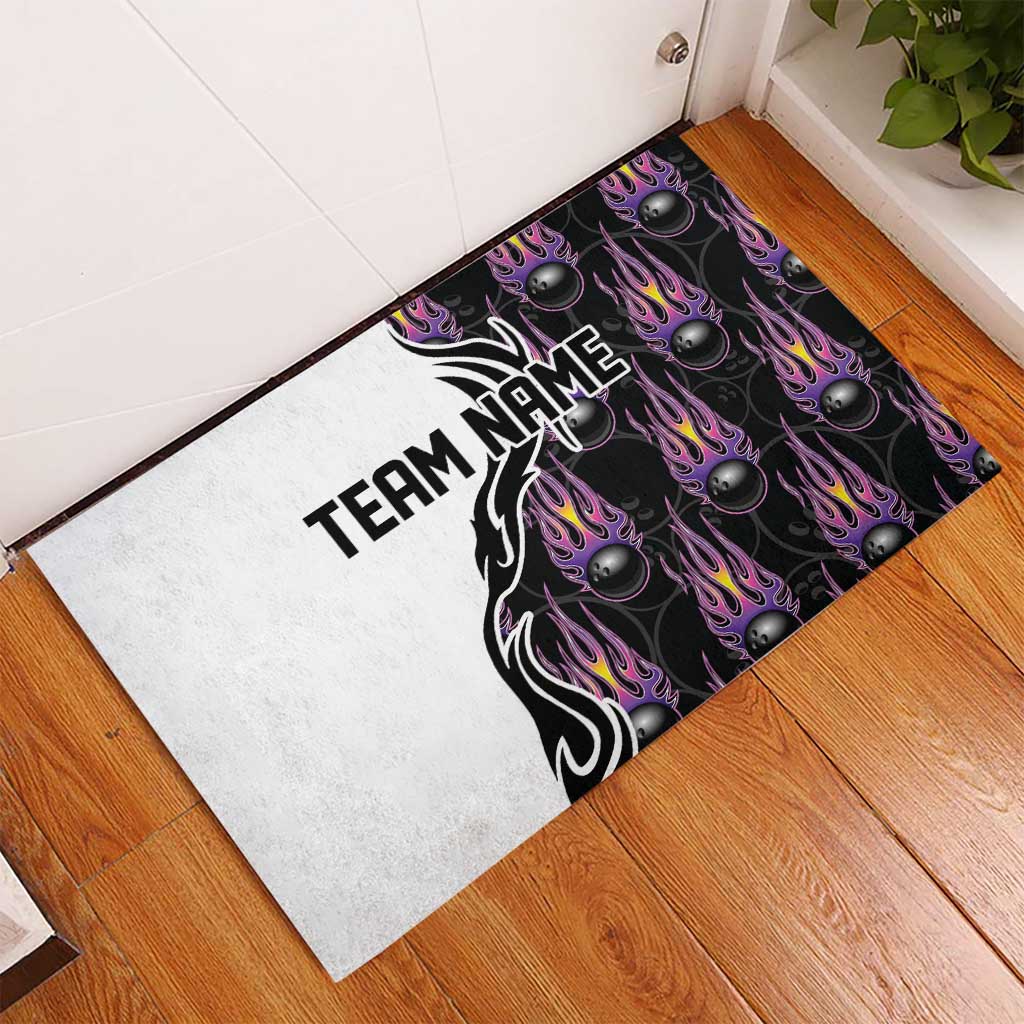 Custom Bowling Team Graphic Rubber Doormat with Flaming Ball Design in Black White and Purple Flame Pattern - Wonder Print Shop