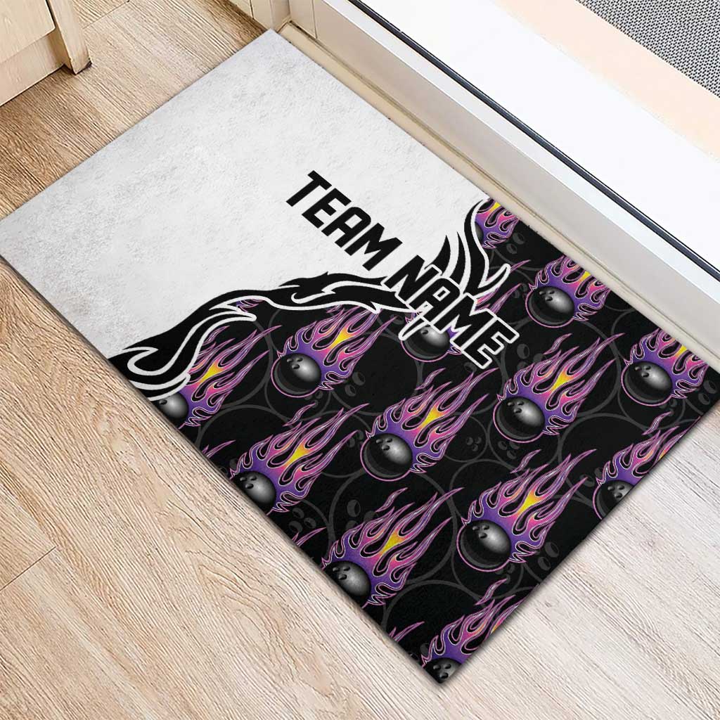 Custom Bowling Team Graphic Rubber Doormat with Flaming Ball Design in Black White and Purple Flame Pattern - Wonder Print Shop