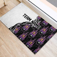 Custom Bowling Team Graphic Rubber Doormat with Flaming Ball Design in Black White and Purple Flame Pattern - Wonder Print Shop