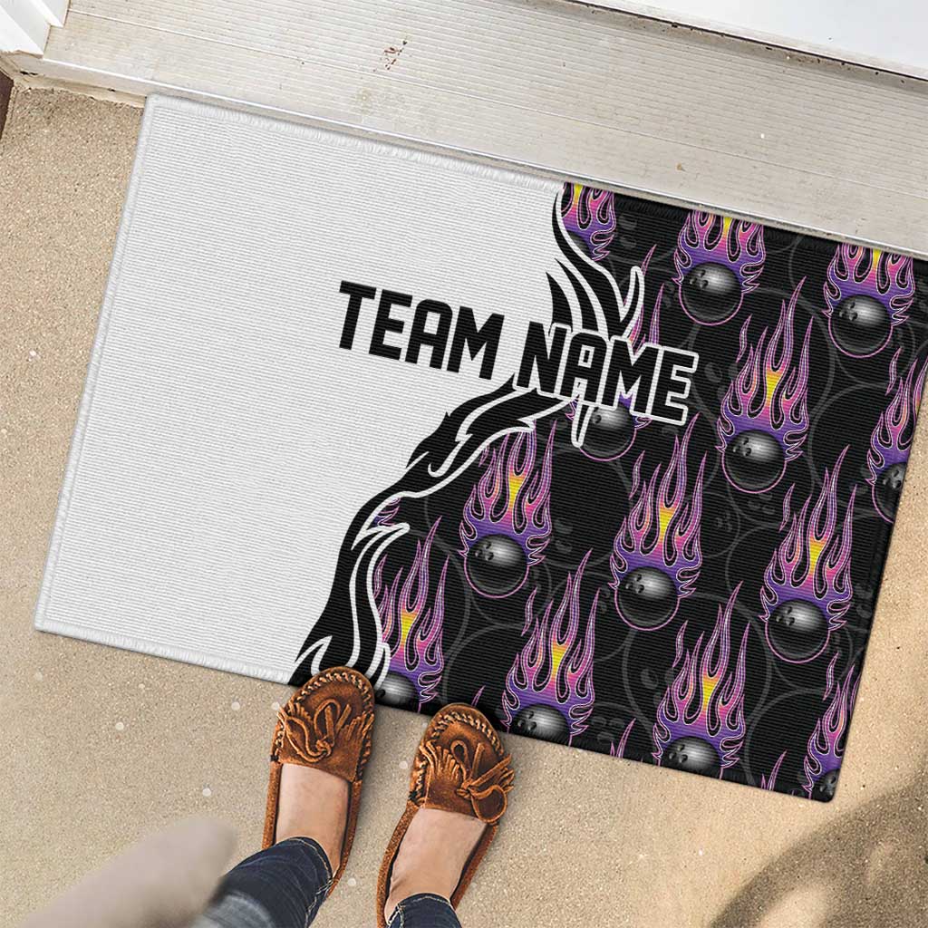 Custom Bowling Team Graphic Rubber Doormat with Flaming Ball Design in Black White and Purple Flame Pattern - Wonder Print Shop