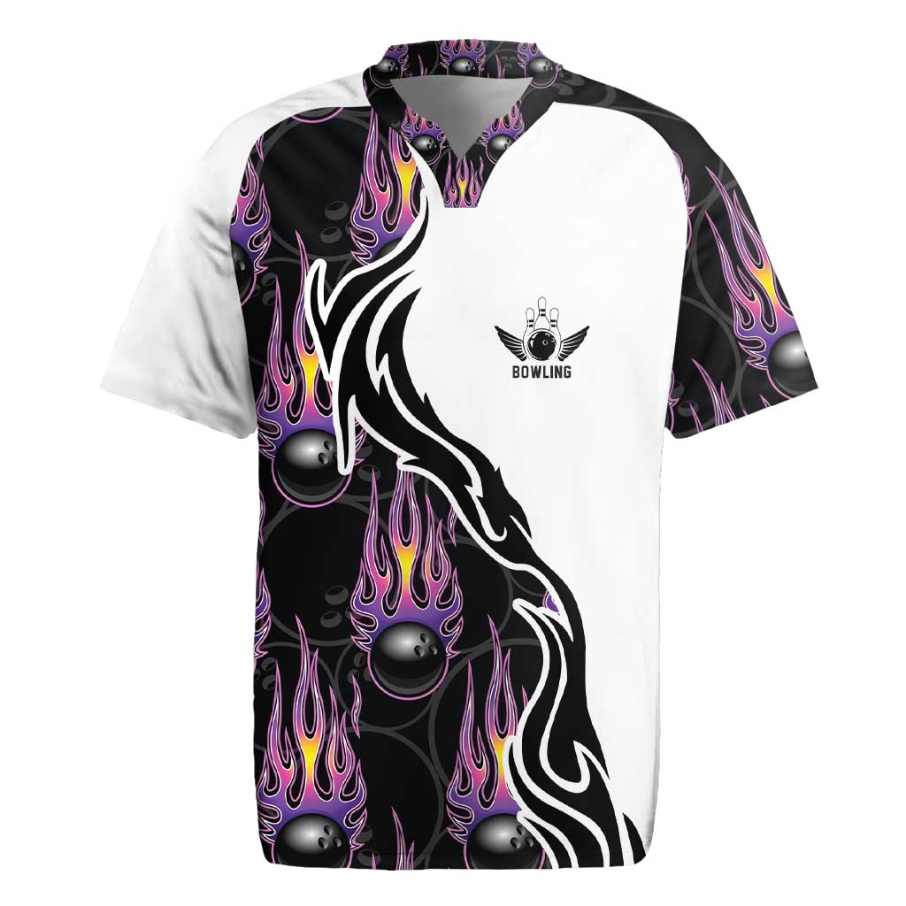 Custom Bowling Team Graphic Rugby Jersey with Flaming Ball Design in Black White and Purple Flame Pattern - Wonder Print Shop