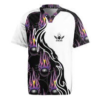 Custom Bowling Team Graphic Rugby Jersey with Flaming Ball Design in Black White and Purple Flame Pattern - Wonder Print Shop