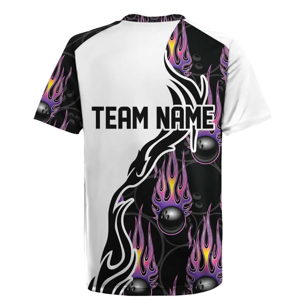 Custom Bowling Team Graphic Rugby Jersey with Flaming Ball Design in Black White and Purple Flame Pattern - Wonder Print Shop