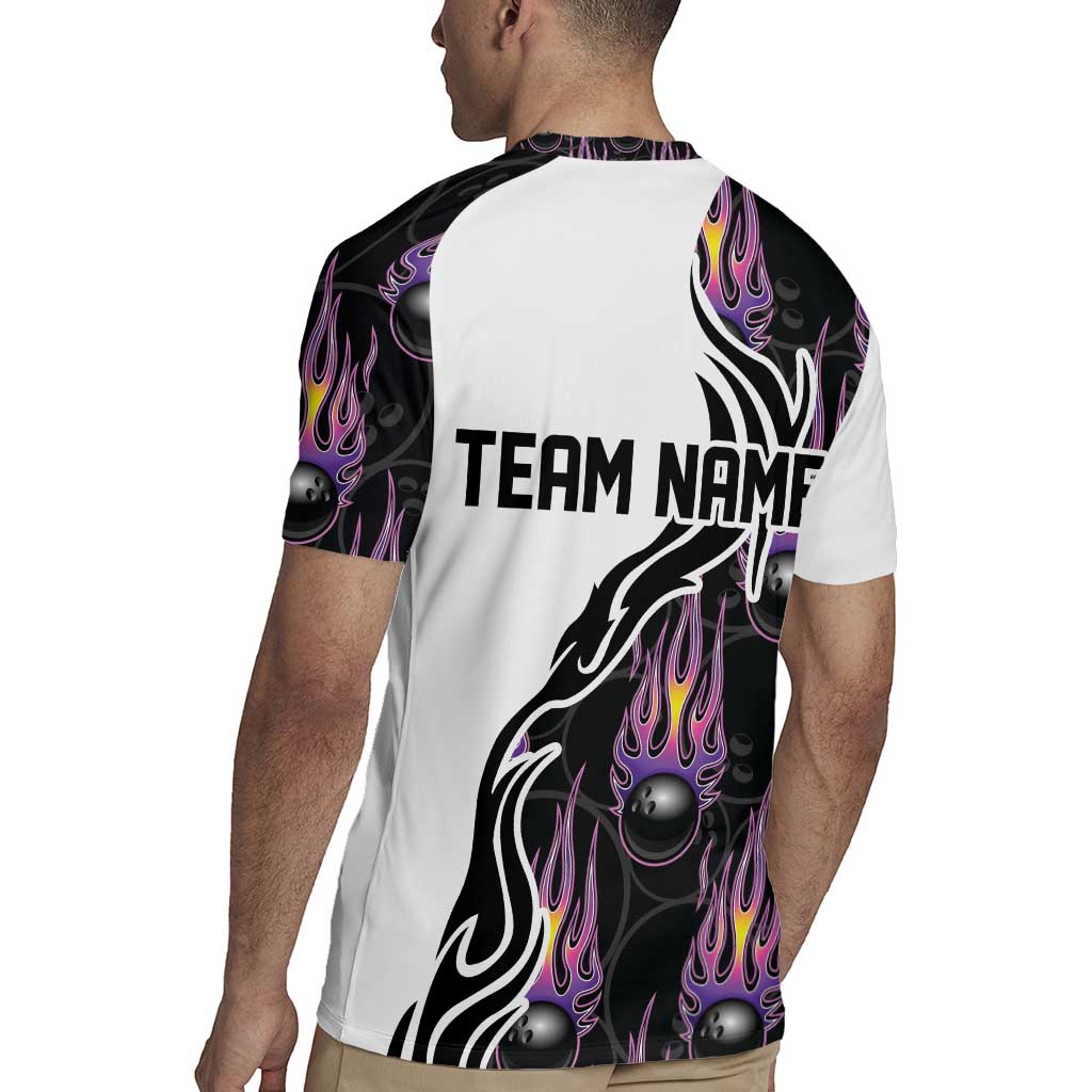 Custom Bowling Team Graphic Rugby Jersey with Flaming Ball Design in Black White and Purple Flame Pattern - Wonder Print Shop