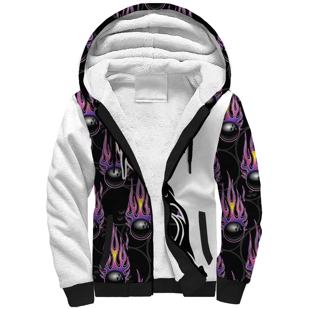 Custom Bowling Team Graphic Sherpa Hoodie with Flaming Ball Design in Black White and Purple Flame Pattern - Wonder Print Shop