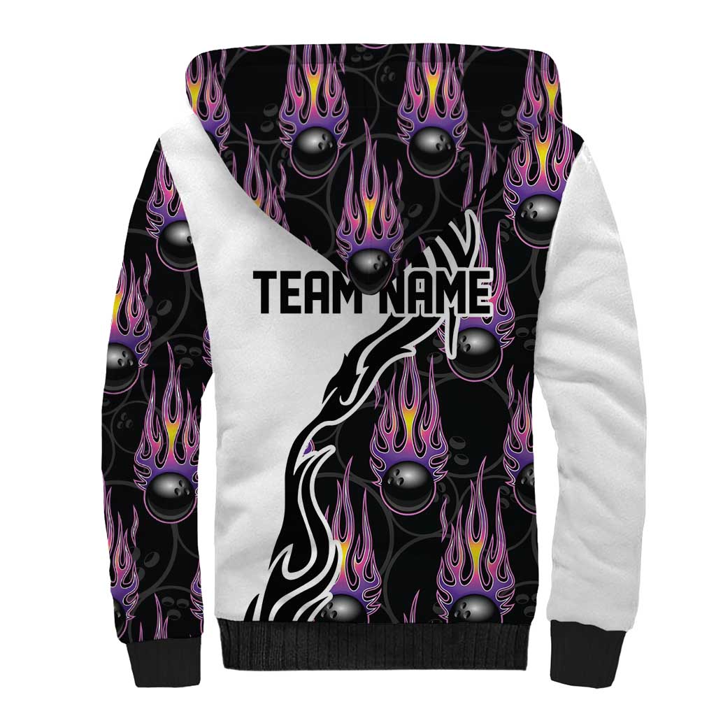 Custom Bowling Team Graphic Sherpa Hoodie with Flaming Ball Design in Black White and Purple Flame Pattern - Wonder Print Shop