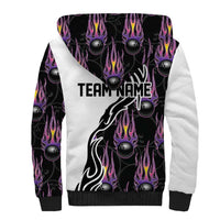 Custom Bowling Team Graphic Sherpa Hoodie with Flaming Ball Design in Black White and Purple Flame Pattern - Wonder Print Shop