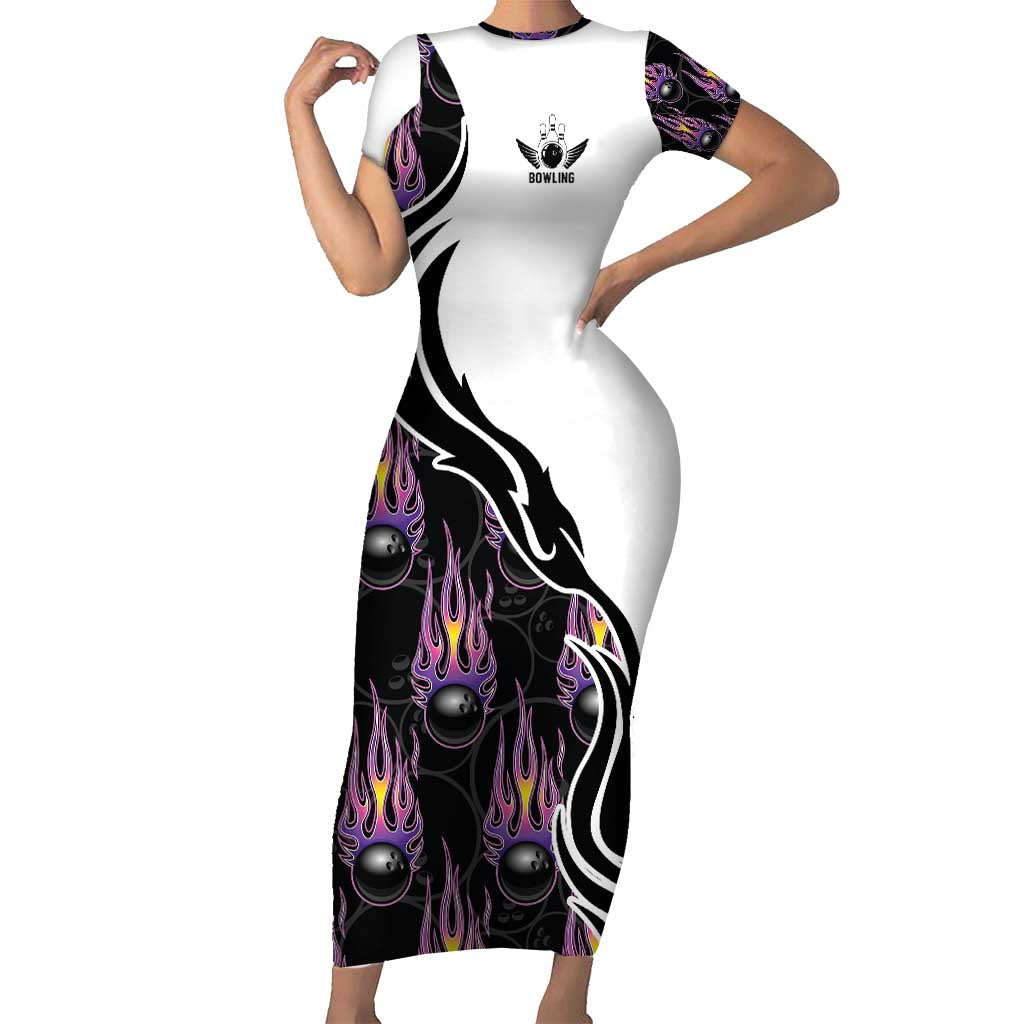 Custom Bowling Team Graphic Short Sleeve Bodycon Dress with Flaming Ball Design in Black White and Purple Flame Pattern - Wonder Print Shop