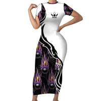 Custom Bowling Team Graphic Short Sleeve Bodycon Dress with Flaming Ball Design in Black White and Purple Flame Pattern - Wonder Print Shop
