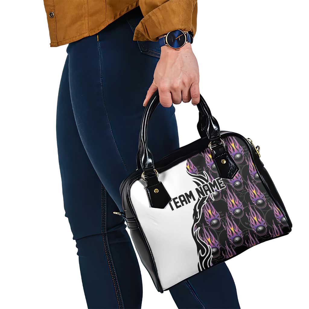 Custom Bowling Team Graphic Shoulder Handbag with Flaming Ball Design in Black White and Purple Flame Pattern - Wonder Print Shop