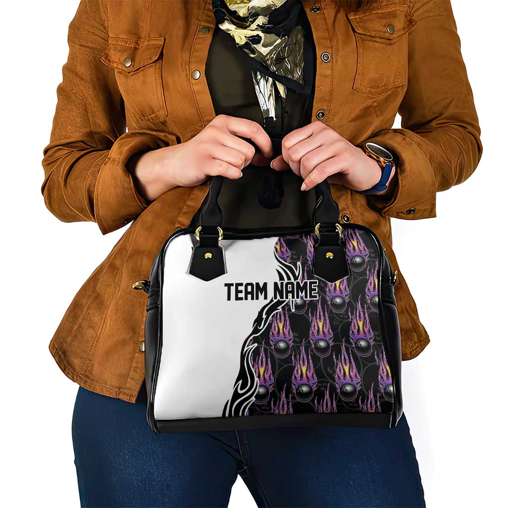 Custom Bowling Team Graphic Shoulder Handbag with Flaming Ball Design in Black White and Purple Flame Pattern - Wonder Print Shop
