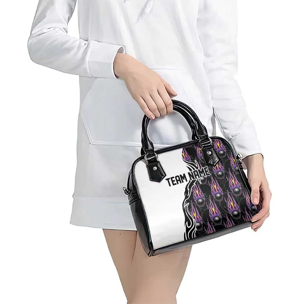 Custom Bowling Team Graphic Shoulder Handbag with Flaming Ball Design in Black White and Purple Flame Pattern - Wonder Print Shop