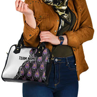 Custom Bowling Team Graphic Shoulder Handbag with Flaming Ball Design in Black White and Purple Flame Pattern - Wonder Print Shop