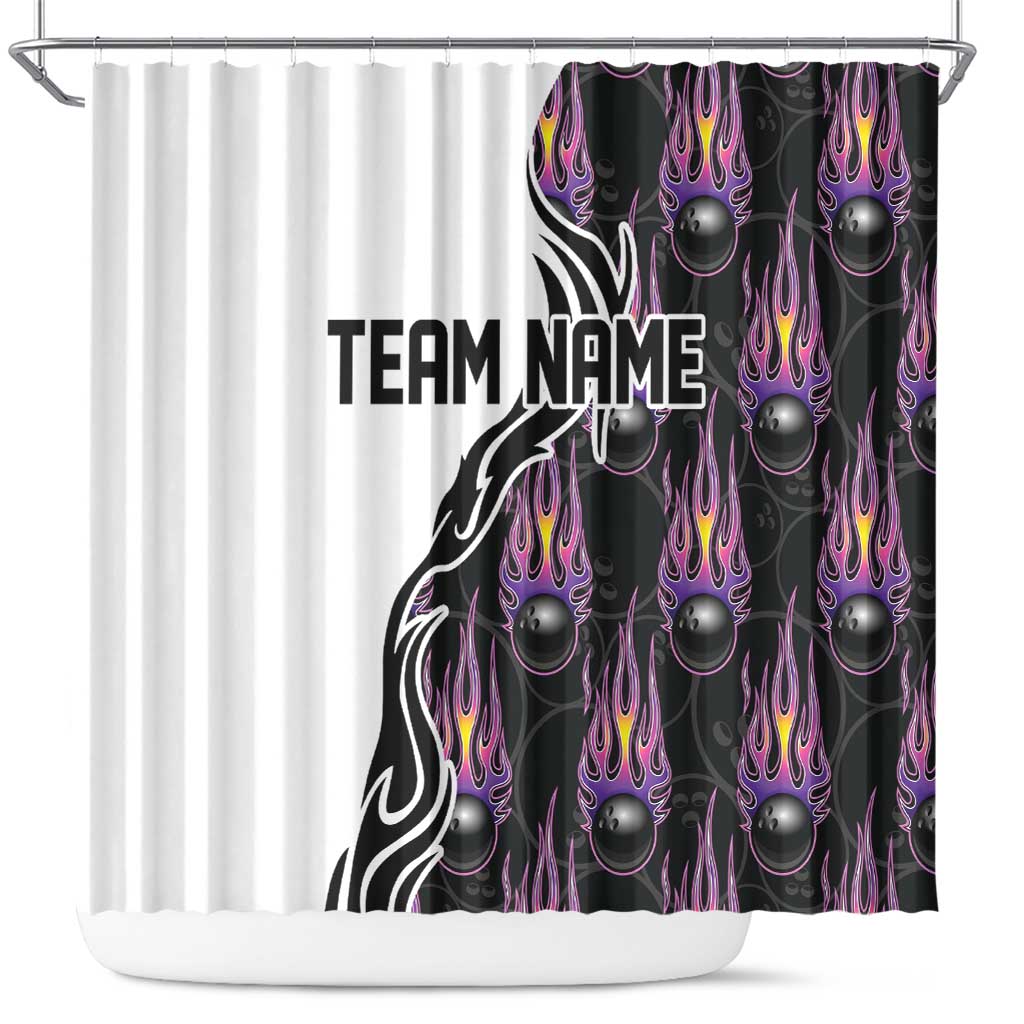 Custom Bowling Team Graphic Shower Curtain with Flaming Ball Design in Black White and Purple Flame Pattern - Wonder Print Shop