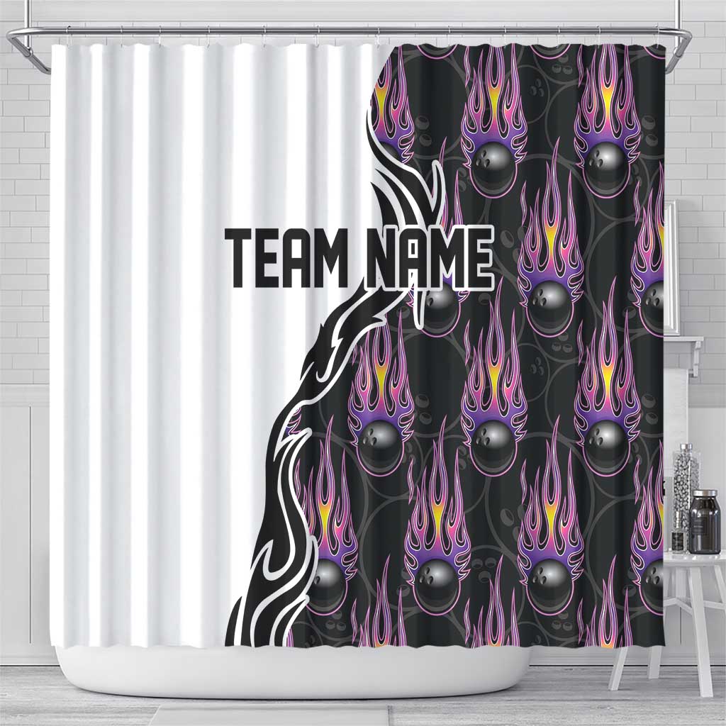 Custom Bowling Team Graphic Shower Curtain with Flaming Ball Design in Black White and Purple Flame Pattern - Wonder Print Shop