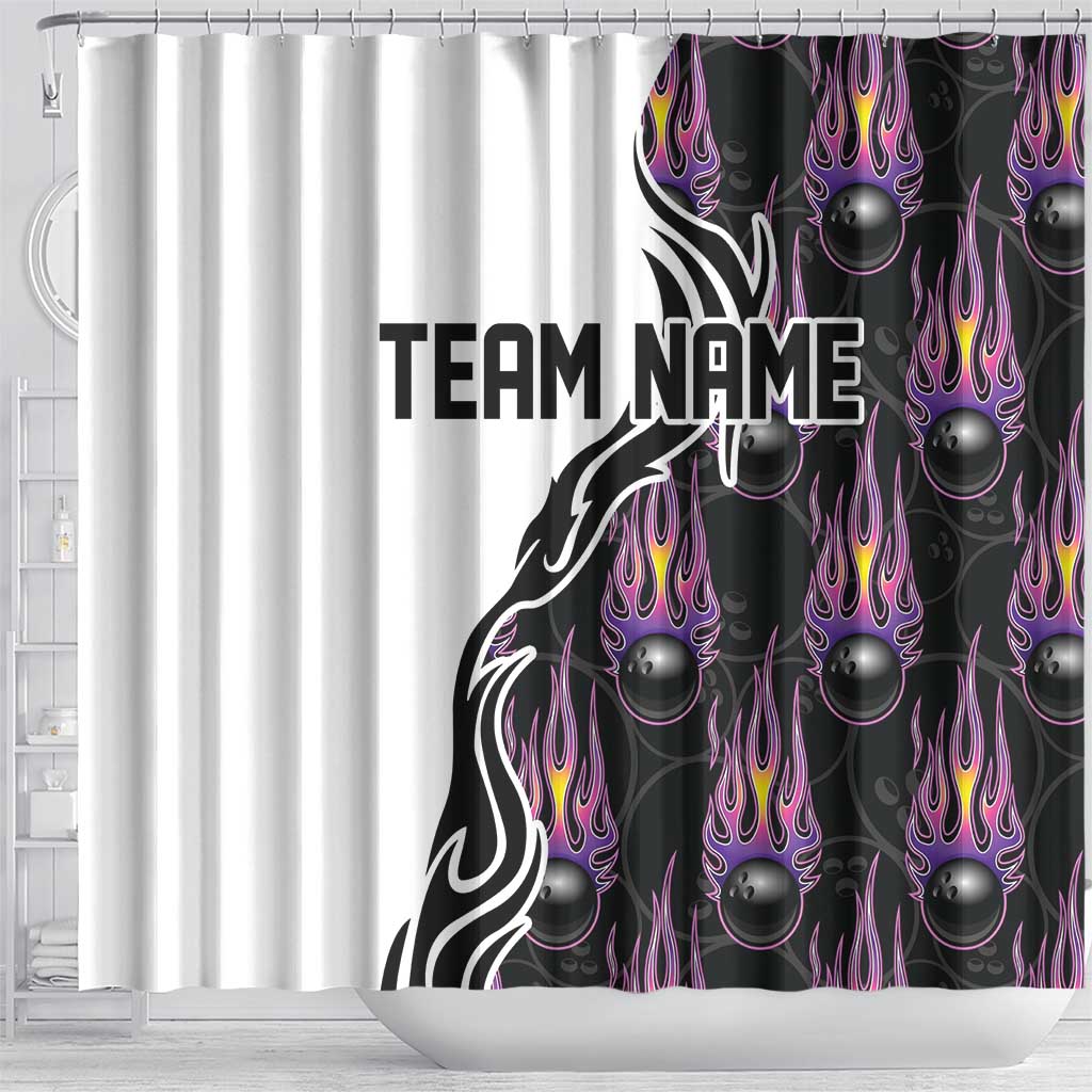 Custom Bowling Team Graphic Shower Curtain with Flaming Ball Design in Black White and Purple Flame Pattern - Wonder Print Shop