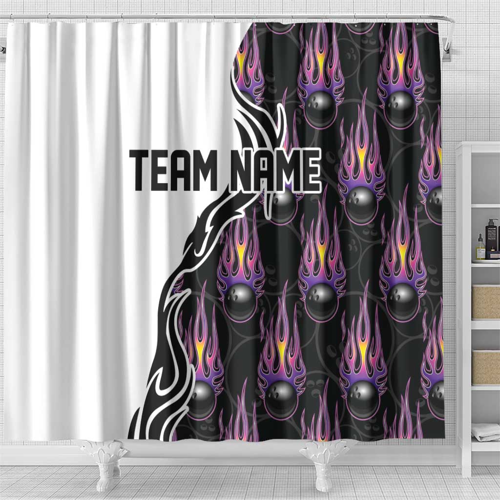 Custom Bowling Team Graphic Shower Curtain with Flaming Ball Design in Black White and Purple Flame Pattern - Wonder Print Shop