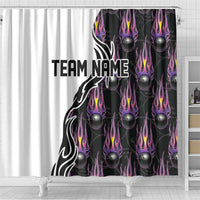 Custom Bowling Team Graphic Shower Curtain with Flaming Ball Design in Black White and Purple Flame Pattern - Wonder Print Shop