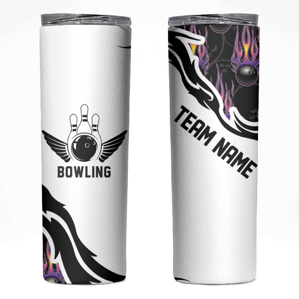 Custom Bowling Team Graphic Skinny Tumbler with Flaming Ball Design in Black White and Purple Flame Pattern - Wonder Print Shop