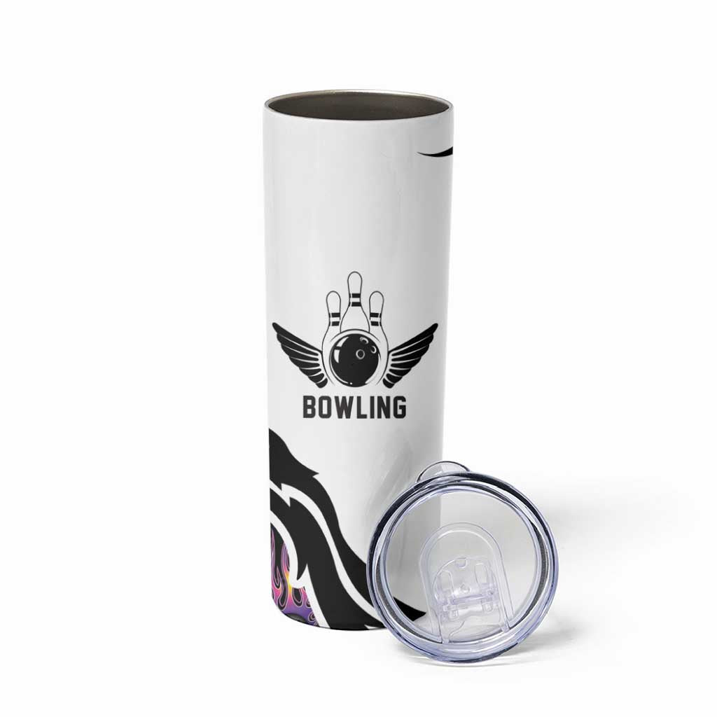 Custom Bowling Team Graphic Skinny Tumbler with Flaming Ball Design in Black White and Purple Flame Pattern - Wonder Print Shop