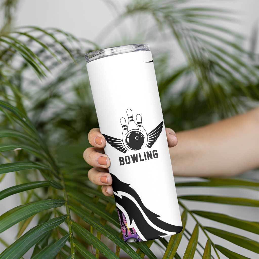Custom Bowling Team Graphic Skinny Tumbler with Flaming Ball Design in Black White and Purple Flame Pattern - Wonder Print Shop