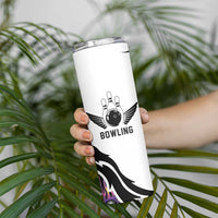 Custom Bowling Team Graphic Skinny Tumbler with Flaming Ball Design in Black White and Purple Flame Pattern - Wonder Print Shop
