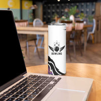 Custom Bowling Team Graphic Skinny Tumbler with Flaming Ball Design in Black White and Purple Flame Pattern - Wonder Print Shop