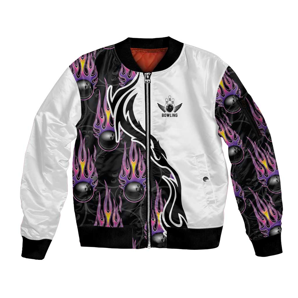 Custom Bowling Team Graphic Sleeve Zip Bomber Jacket with Flaming Ball Design in Black White and Purple Flame Pattern - Wonder Print Shop