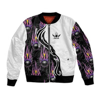 Custom Bowling Team Graphic Sleeve Zip Bomber Jacket with Flaming Ball Design in Black White and Purple Flame Pattern - Wonder Print Shop