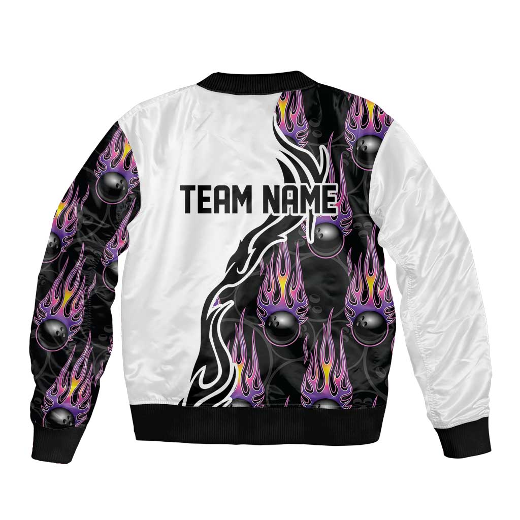 Custom Bowling Team Graphic Sleeve Zip Bomber Jacket with Flaming Ball Design in Black White and Purple Flame Pattern - Wonder Print Shop