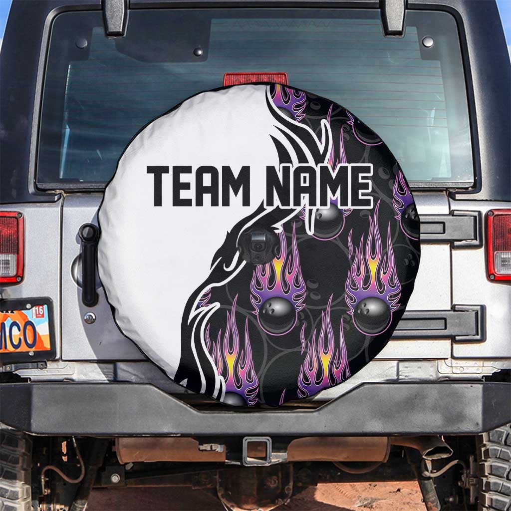 Custom Bowling Team Graphic Spare Tire Cover with Flaming Ball Design in Black White and Purple Flame Pattern - Wonder Print Shop