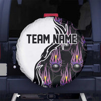 Custom Bowling Team Graphic Spare Tire Cover with Flaming Ball Design in Black White and Purple Flame Pattern - Wonder Print Shop