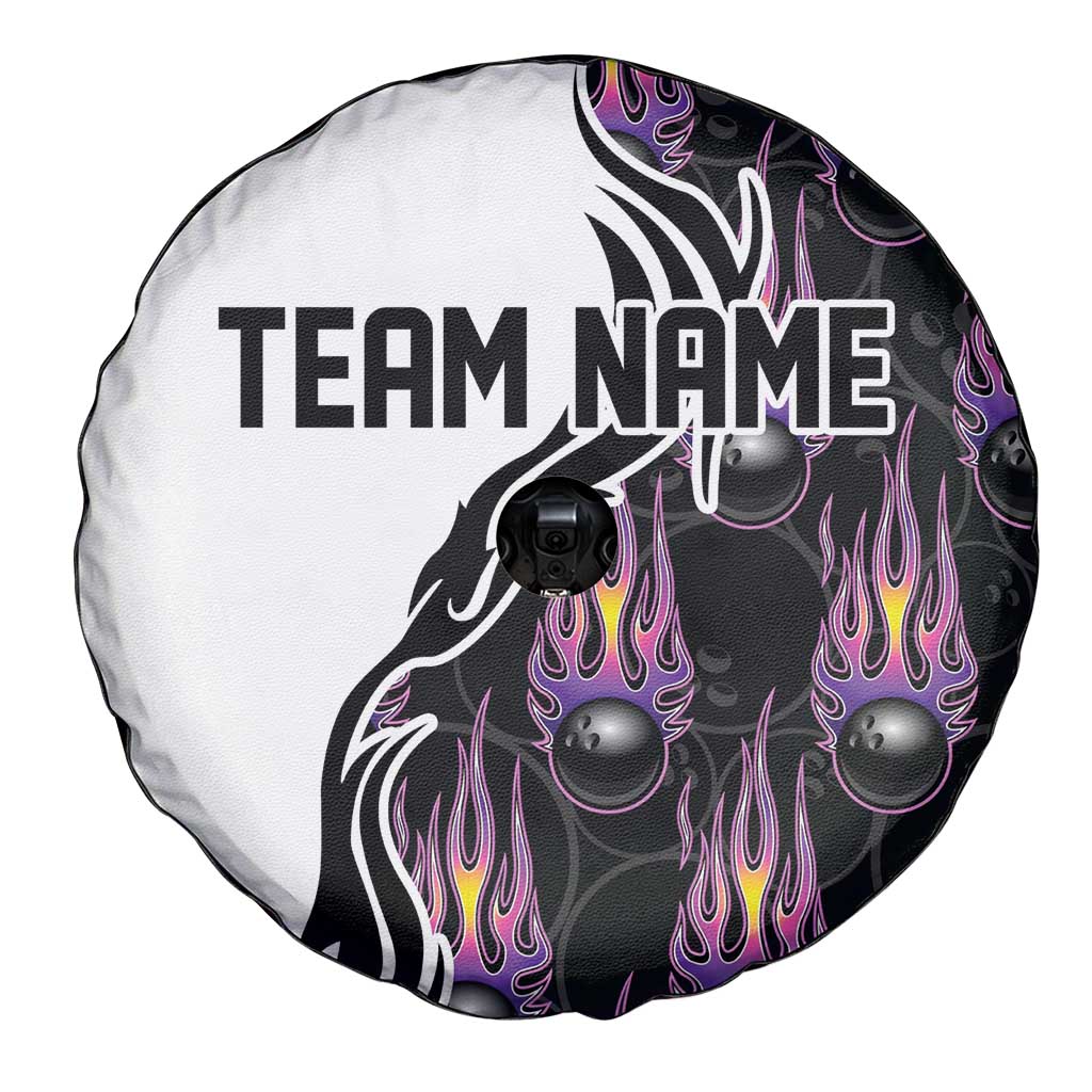 Custom Bowling Team Graphic Spare Tire Cover with Flaming Ball Design in Black White and Purple Flame Pattern - Wonder Print Shop