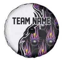 Custom Bowling Team Graphic Spare Tire Cover with Flaming Ball Design in Black White and Purple Flame Pattern - Wonder Print Shop