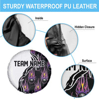 Custom Bowling Team Graphic Spare Tire Cover with Flaming Ball Design in Black White and Purple Flame Pattern - Wonder Print Shop