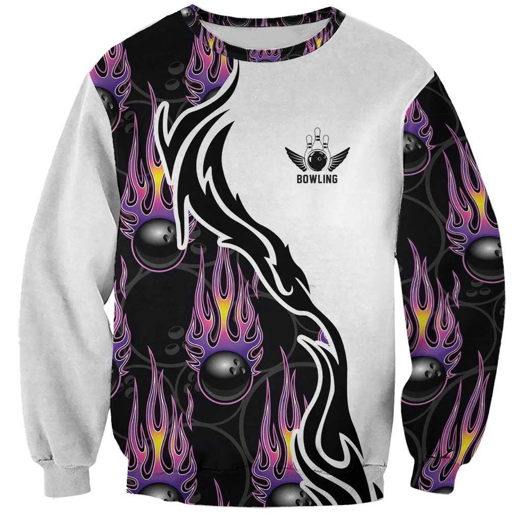 Custom Bowling Team Graphic Sweatshirt with Flaming Ball Design in Black White and Purple Flame Pattern - Wonder Print Shop