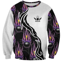 Custom Bowling Team Graphic Sweatshirt with Flaming Ball Design in Black White and Purple Flame Pattern - Wonder Print Shop
