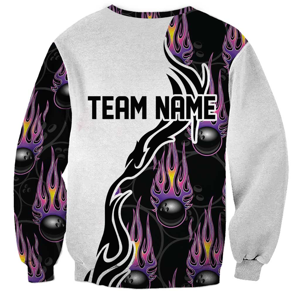 Custom Bowling Team Graphic Sweatshirt with Flaming Ball Design in Black White and Purple Flame Pattern - Wonder Print Shop