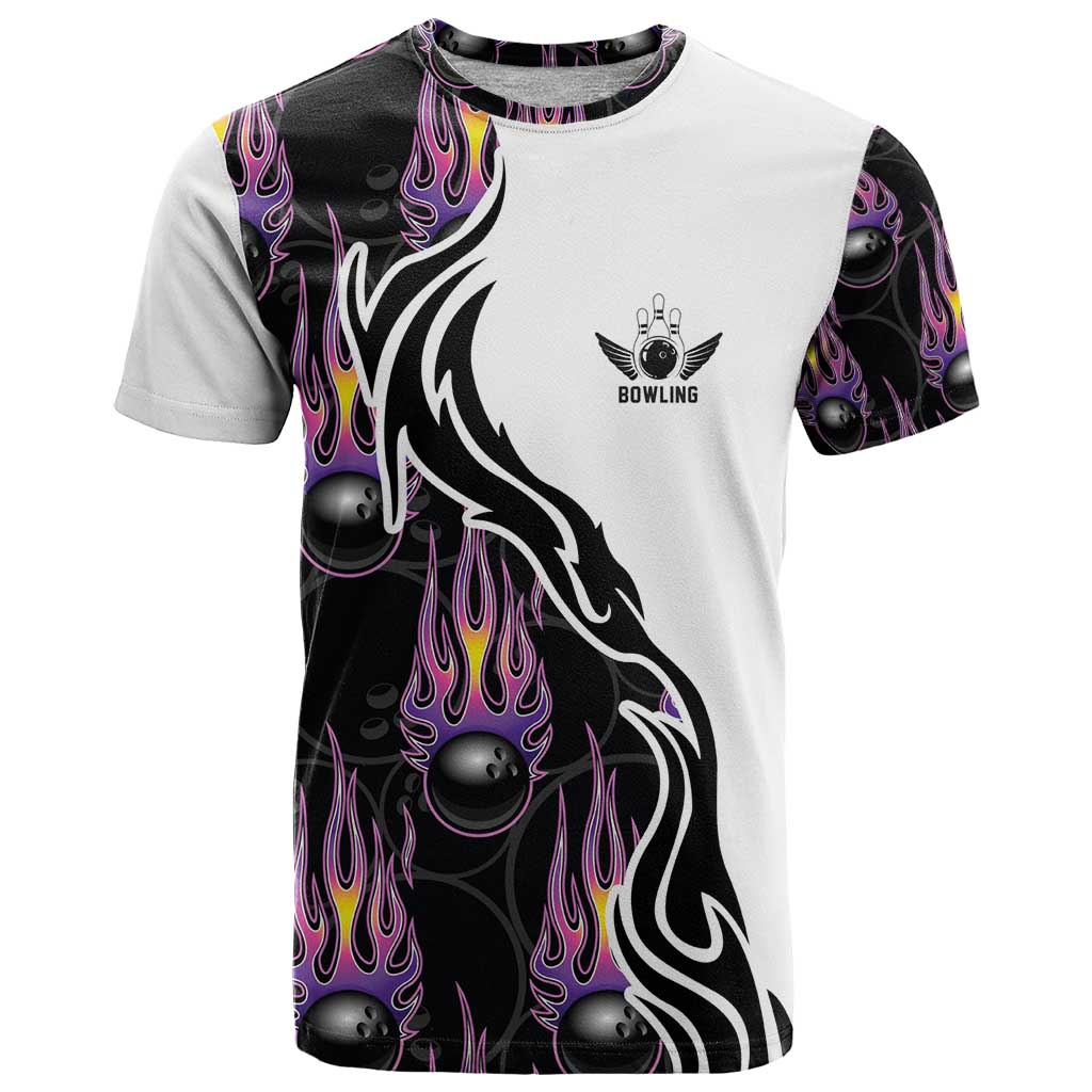 Custom Bowling Team Graphic T Shirt with Flaming Ball Design in Black White and Purple Flame Pattern - Wonder Print Shop